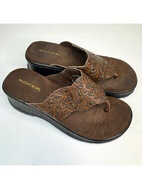 Roper Western Platform Thong Sandals Womens US 9 Brown Tooled Leather Shoes Y2K